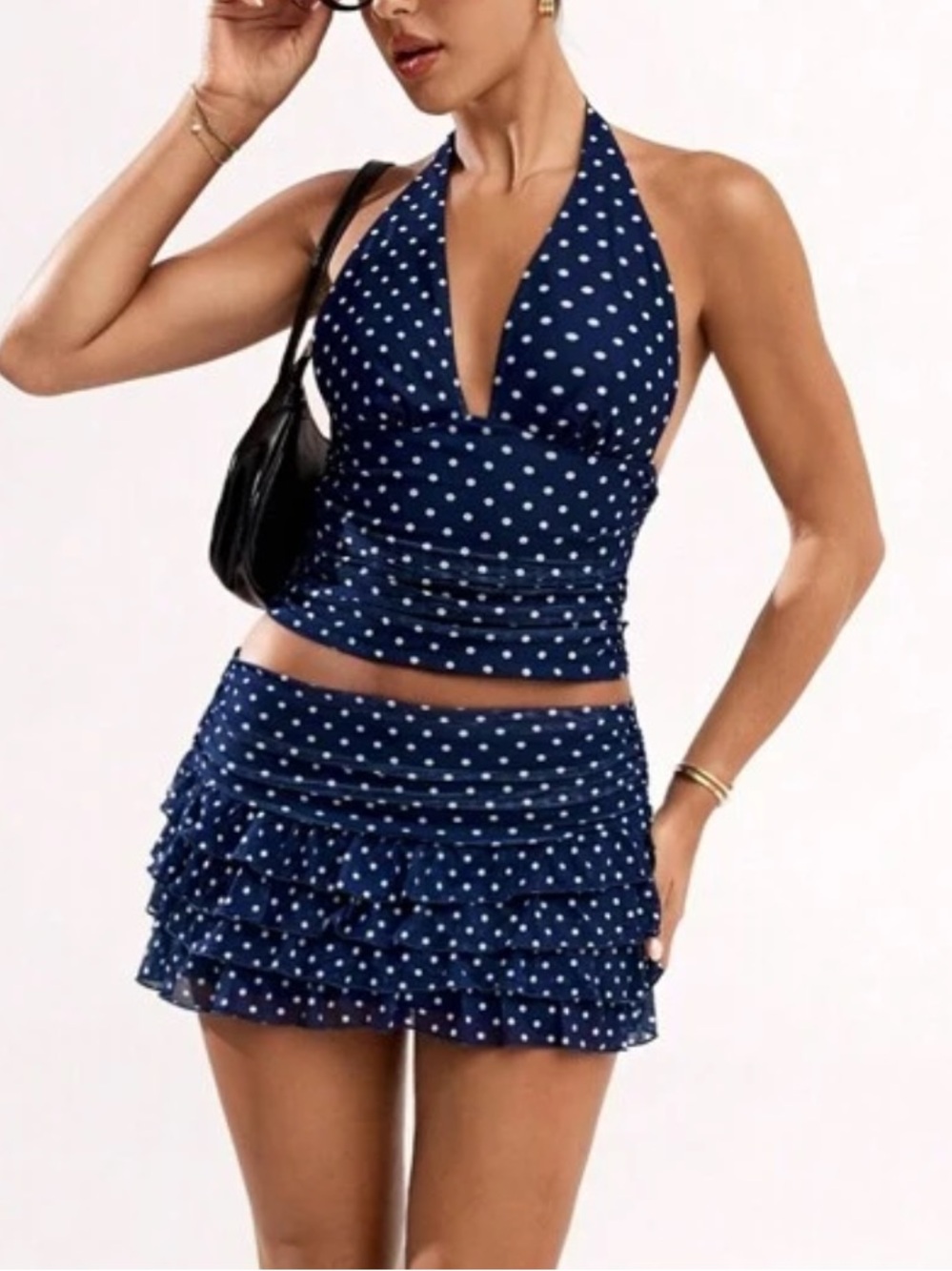 Navy Blue Polka Dot Halter Set with Ruffled Skirt